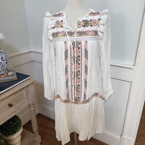 See And Be Seen White Cotton Embroidered Boho Peasant Dress Womens Small